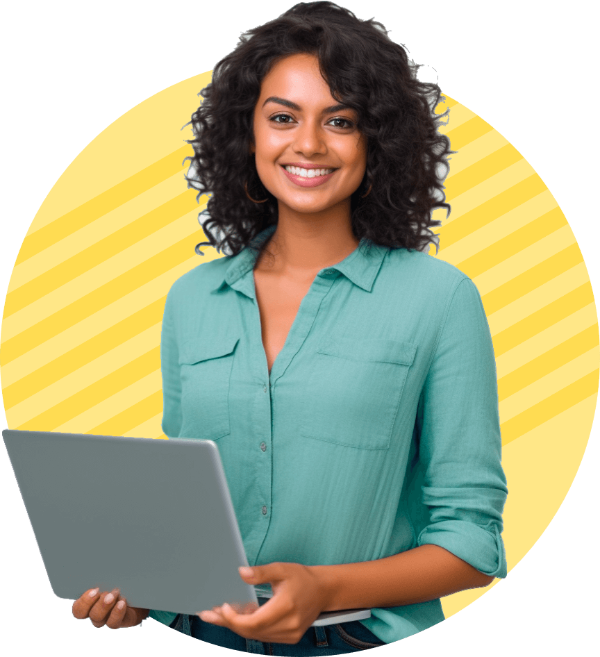 A smiling person with curly hair, wearing a green shirt, holds a laptop in their hands. The background is a yellow circle with diagonal lines, perfectly setting the tone for a striking CTA.
