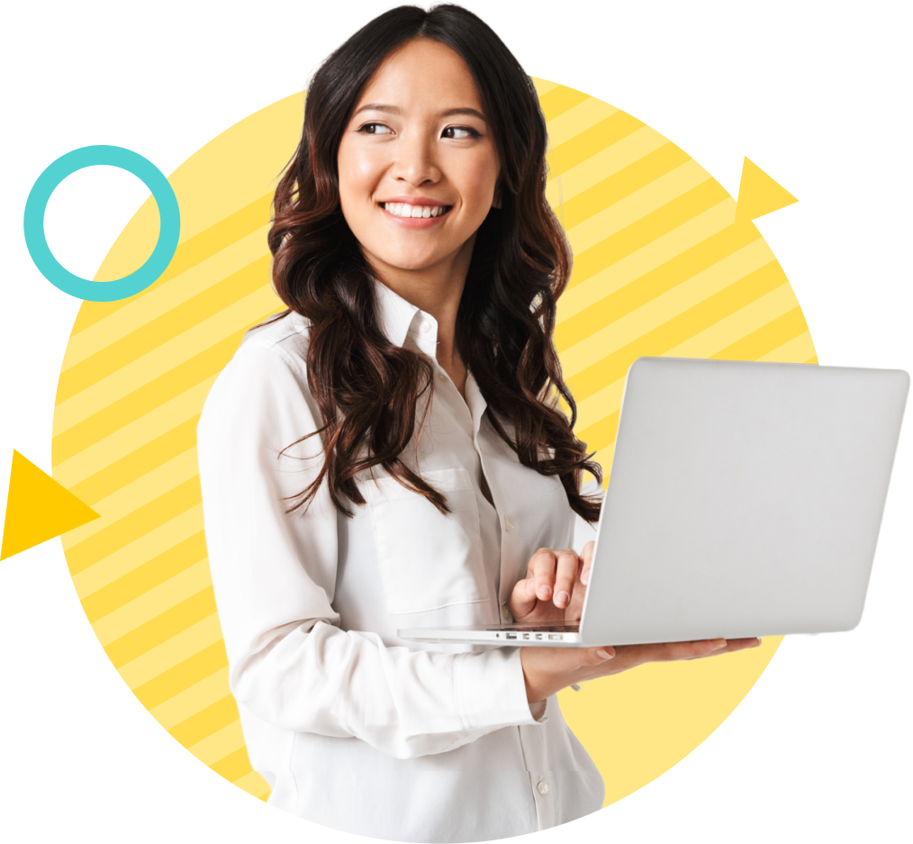 A person with long, dark, wavy hair wearing a white shirt is smiling and holding an open laptop. The background features a yellow circle with diagonal stripes and blue and yellow geometric shapes—perfect for an "About Us" page.